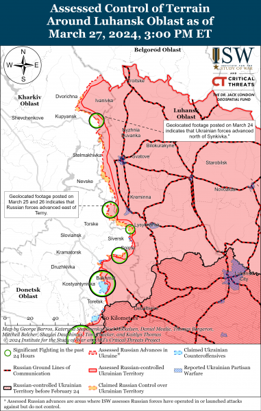 
Росіяни намагаються просуватися до Часового Яру: карти ISW 