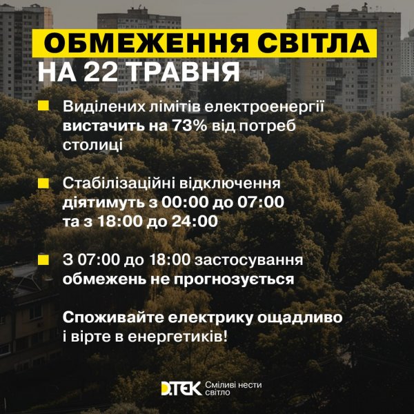 У Києві завтра знову вимикатимуть світло: ДТЕК отримав лімітів на 73% від потреби