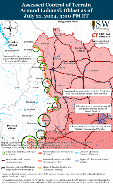 
Росіяни просунулися у Донецькій і Луганській областях, у Харківській українці контратакують: карти ISW 