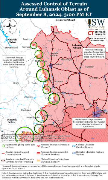 
Війська РФ просунулися в районі Часового Яру та Торецька, більше успіхів немає: карти ISW 