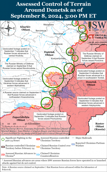 
Війська РФ просунулися в районі Часового Яру та Торецька, більше успіхів немає: карти ISW 