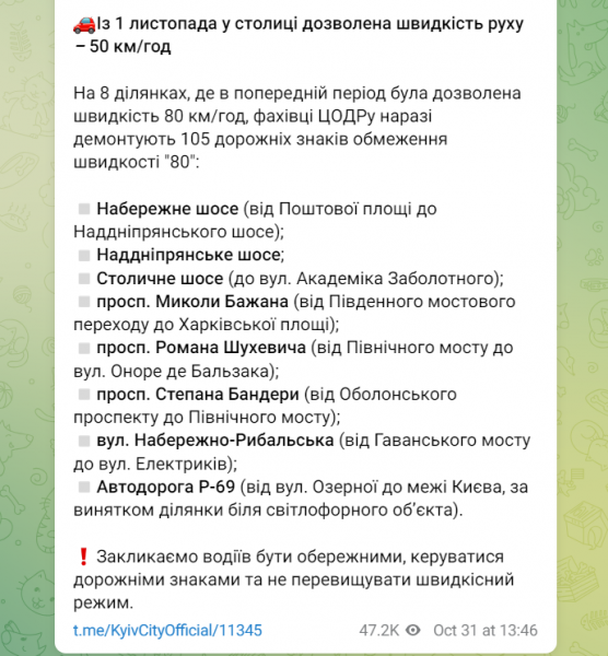 
У Києві змінили обмеження допустимої швидкості руху на 8 ділянках: адреси 